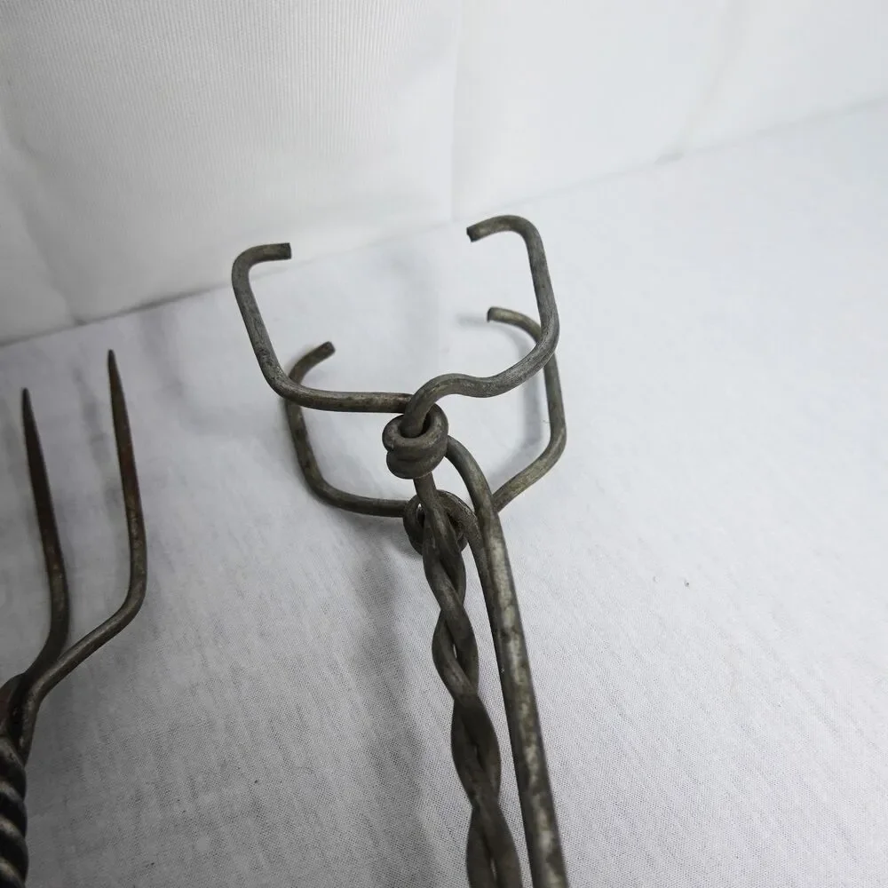 Vintage Kitchen GALVANIZED TWISTED WIRE SPIT FORK and tongs Utensils